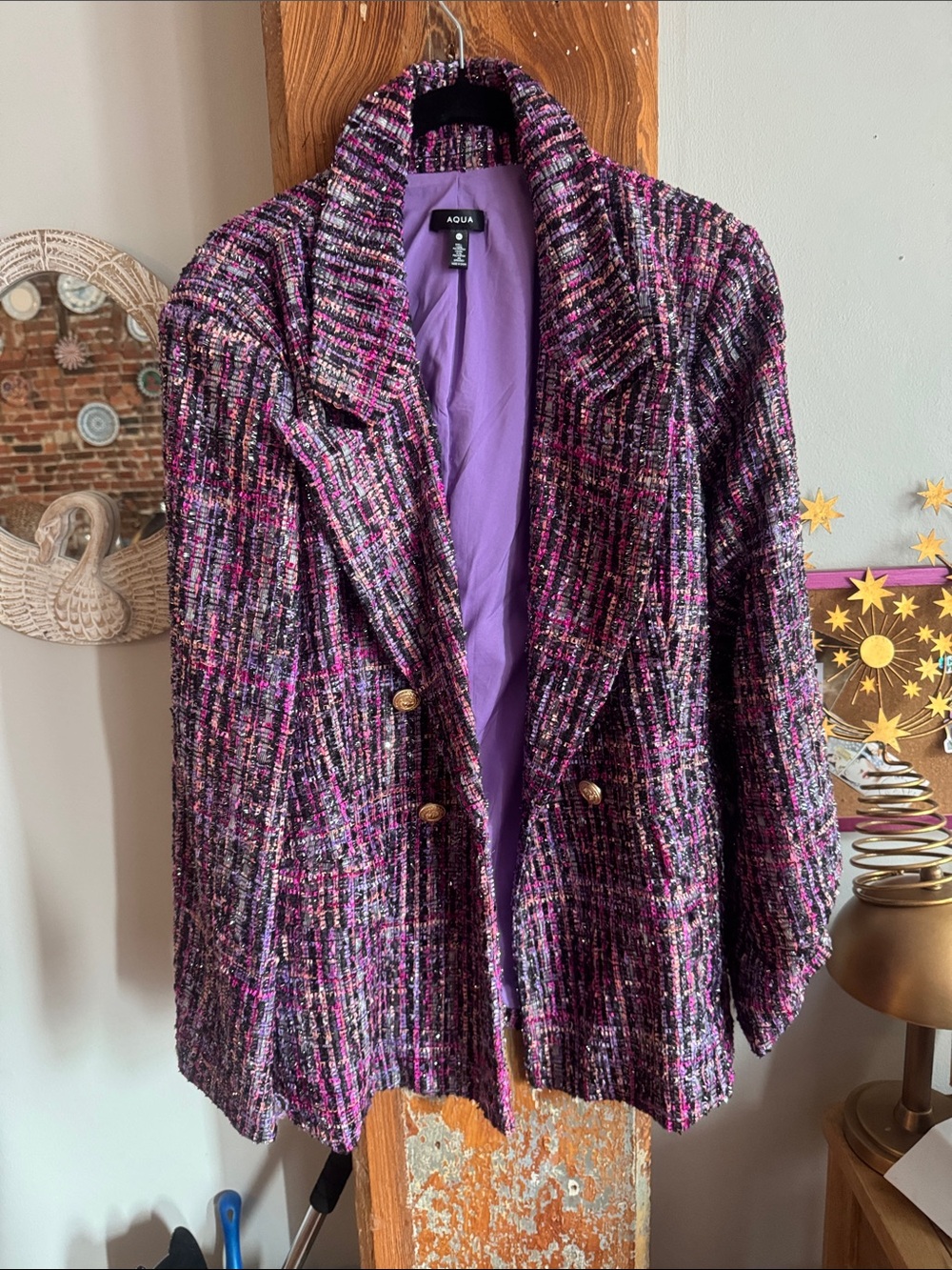 Aqua Purple Multi-Color Tweed Double-Breasted Blazer